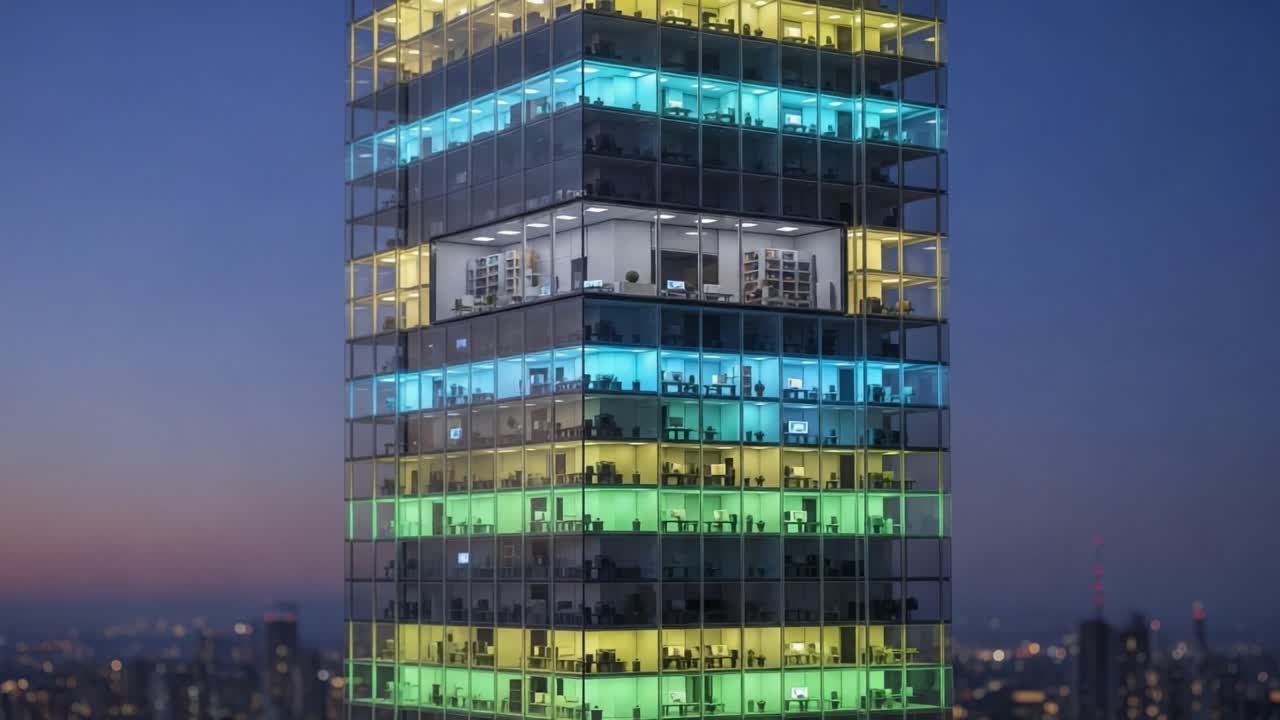 A Modern High-Rise Building Illuminated at Night Showcasing Dynamic LED Lighting on Each Floor with a Panoramic Cityscape Backdrop