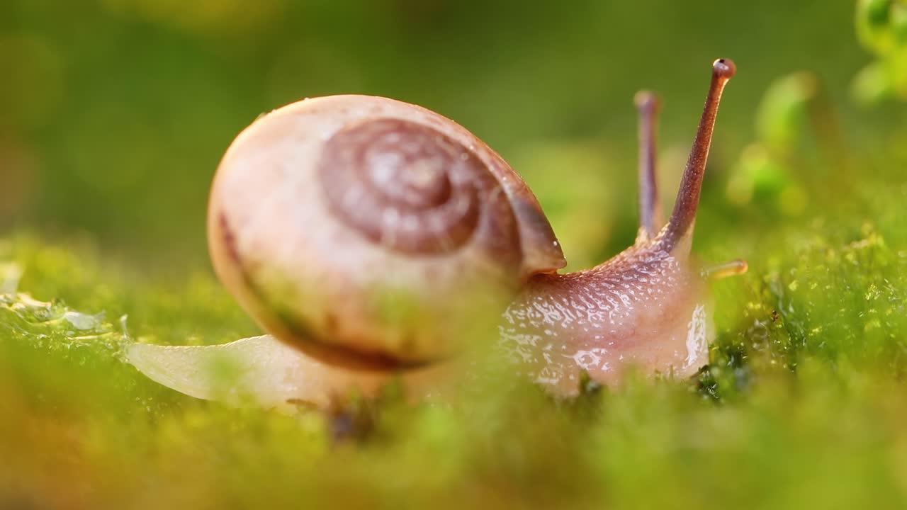 primer plano de un caracol que se arrastra lentamente en la luz del atardecer.