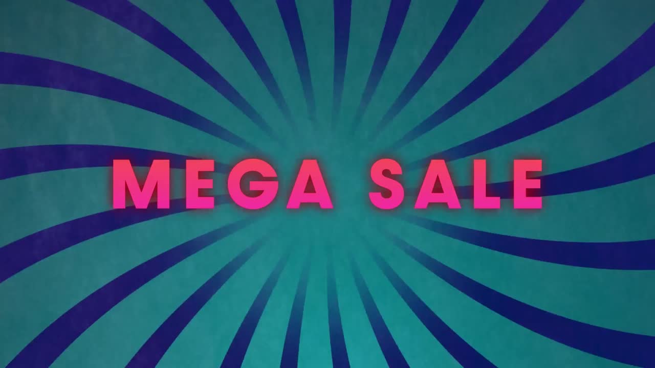 animación de mega venta en texto rosa sobre rayas púrpuras y azules rotativas