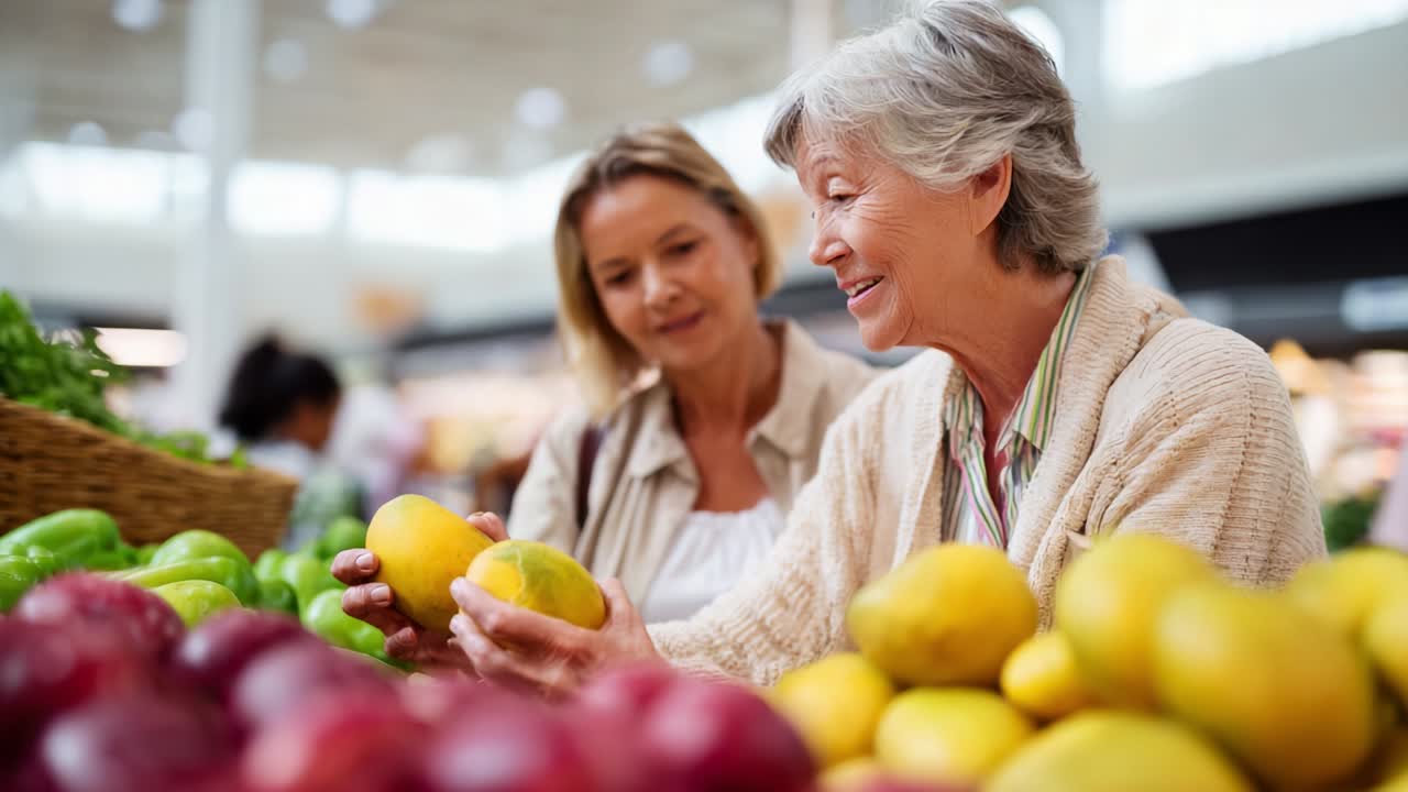 Two Women Enjoying Their Time While Selecting Fresh Fruits at a Vibrant Market, Sharing Smiles and Moments of Joy as They Explore the Varieties of Healthy Produce Available and Engage in Friendly Conversation