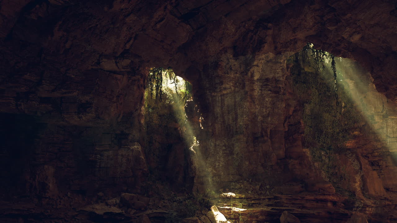 Luce del sole che filtra attraverso l'apertura di una grotta in un ambiente forestale isolato