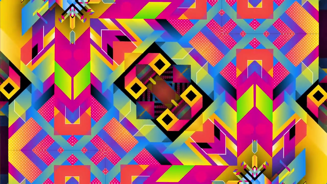 Motivo caleidoscopico geometrico vibrante con forme astratte e colori vivaci