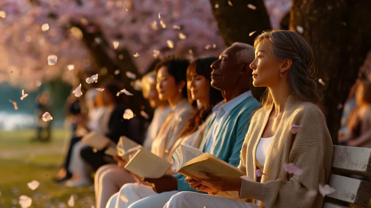 Diverse Group Reading Under Cherry Blossoms