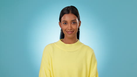 Portrait,-indian-woman-and-smile-in-studio