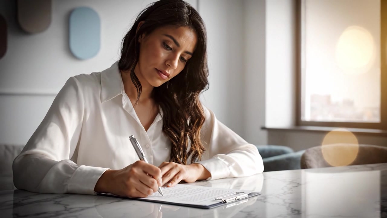 Focused woman in a white blouse writing notes on paper at a marble desk with a modern, bright interior, embodying productivity and concentration in her workspace.