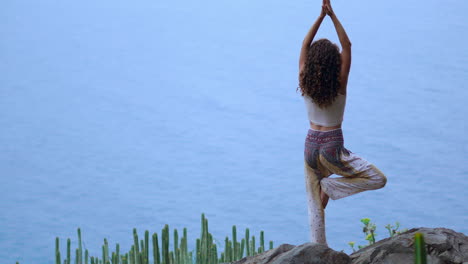 con el fondo del océano azul, una joven practica yoga al atardecer en una orilla rocosa, encarnando un estilo de vida saludable y la armonía entre los seres humanos y la naturaleza