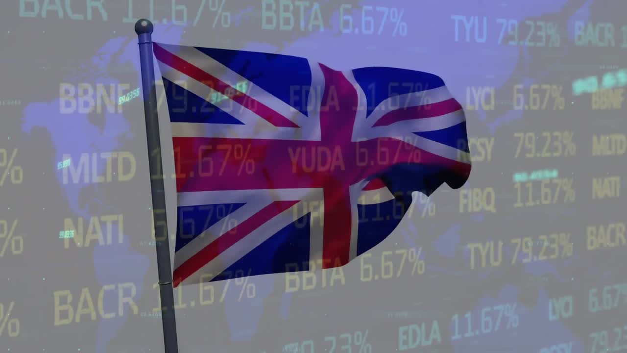 animación del procesamiento de datos sobre la bandera del mapa del mundo y el reino unido