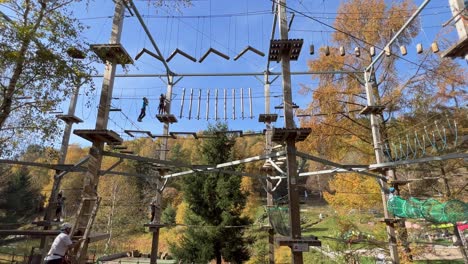 reckless brave kids and adults in rope adventure park having fun with zip line and climbing