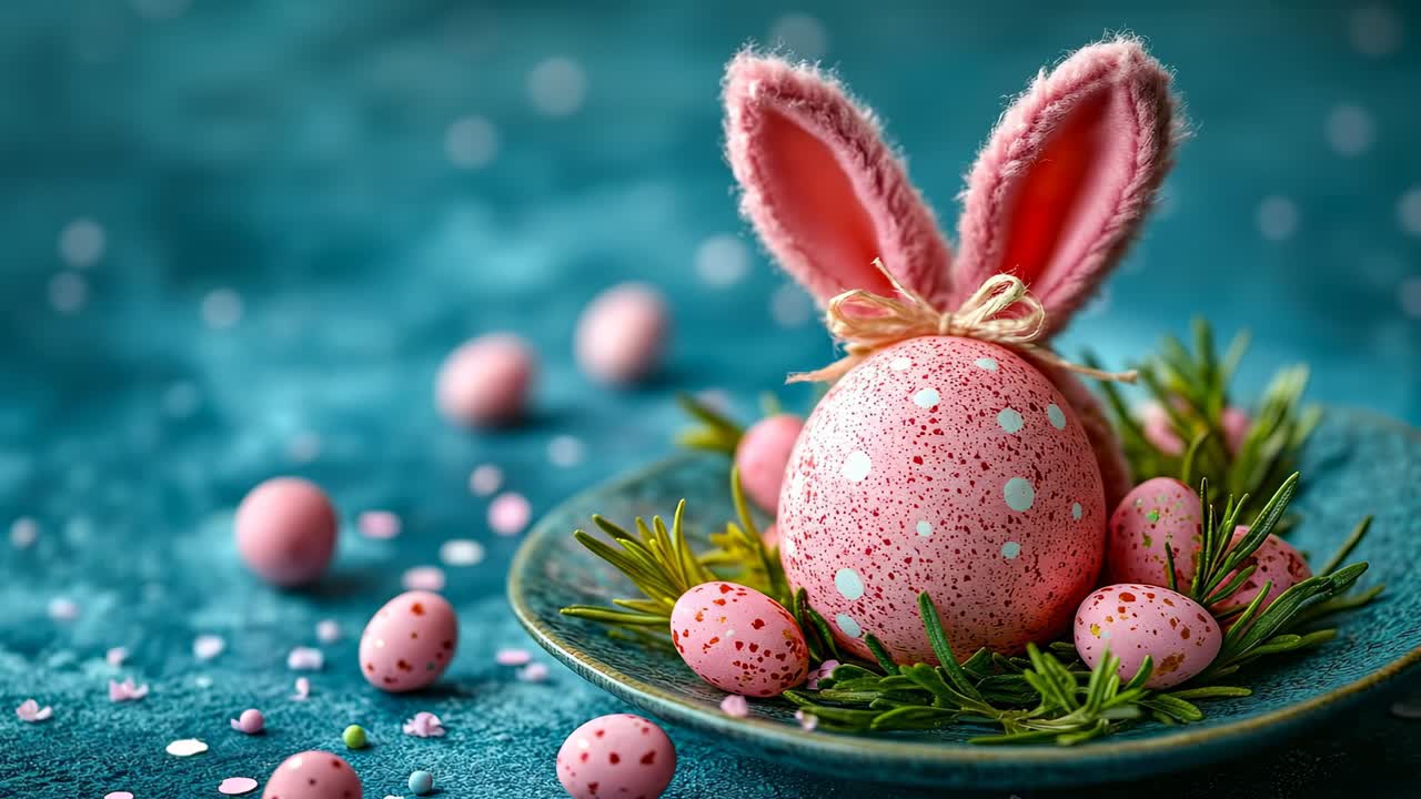 Colorful Easter eggs on blue. A pink egg with spots sits on green leaves surrounded by smaller pink eggs and confetti on a blue surface