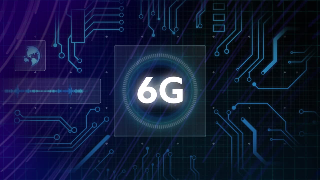 animación de texto de 6 g sobre una placa de circuito de computadora