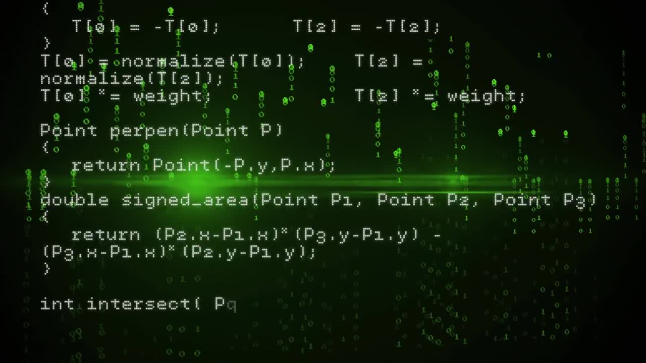 Animation of binary coding and data processing over green light