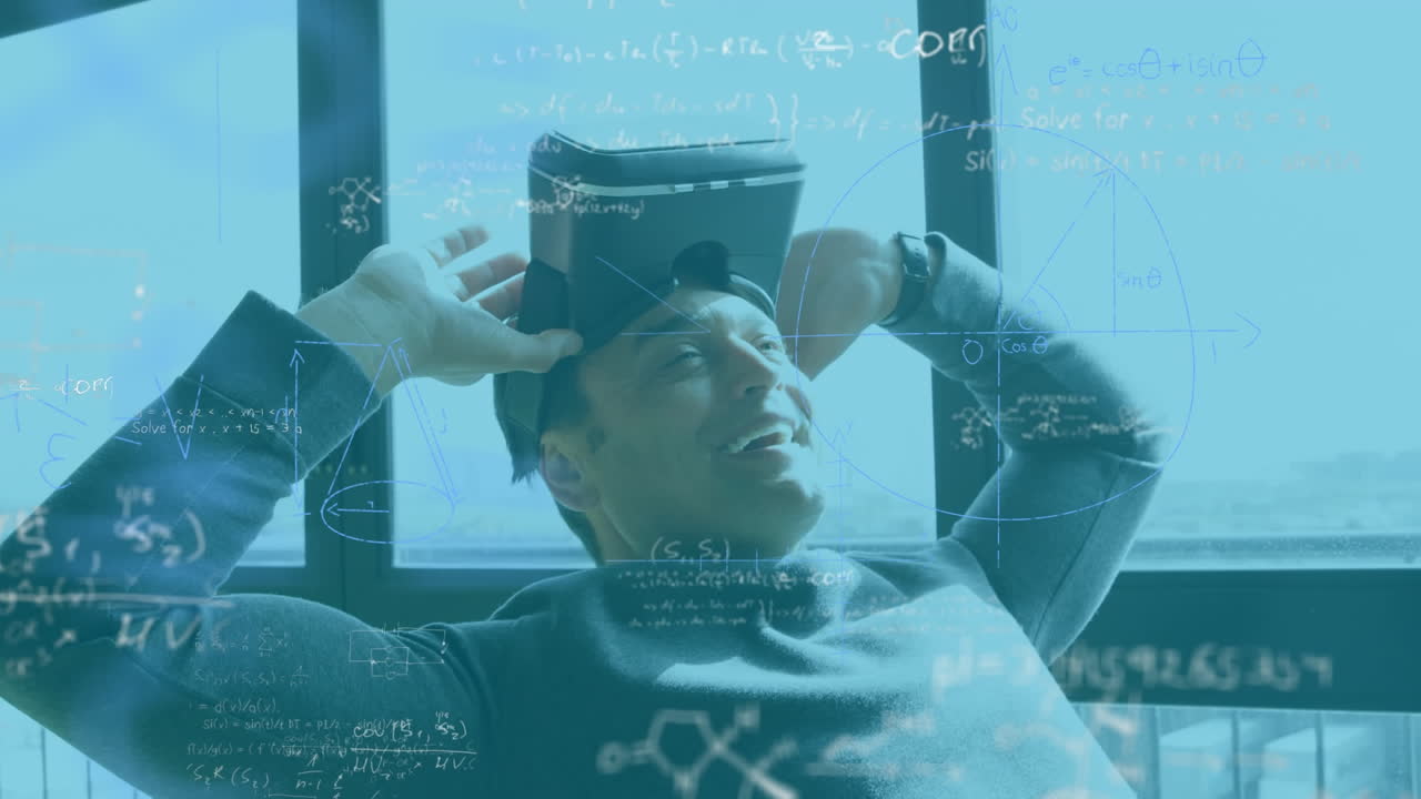 Animation of mathematical formulas over businessman using vr headset