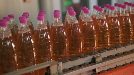 bottles on a conveyor belt in a beverage factory
