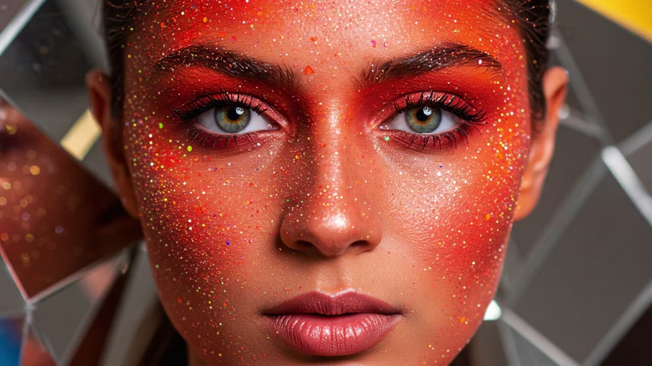 A Stunning Portrait Featuring Bold Red Face Makeup and Glitter Effect, Highlighting Expressive Eyes Against a Reflective Background