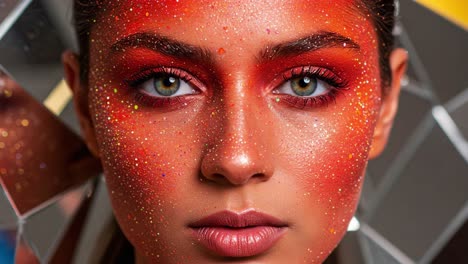 a stunning portrait featuring bold red face makeup and glitter effect, highlighting expressive eyes against a reflective background