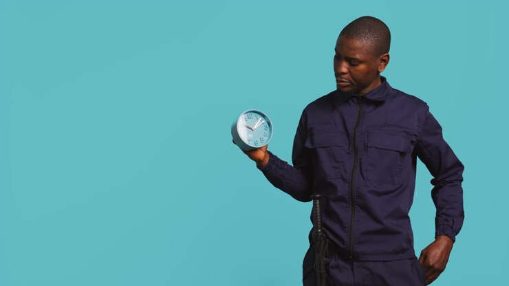 Man in uniform showing visitors time is passing, preparing for closing