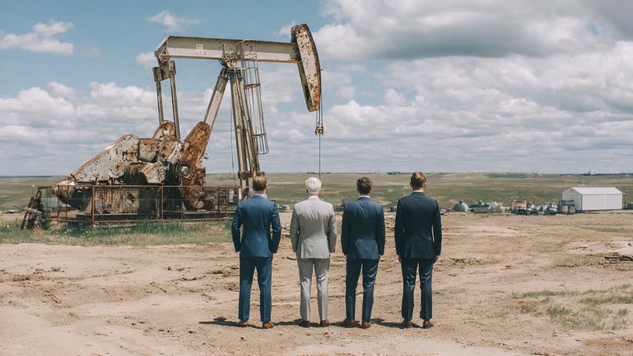 Three Dressed Men Observing an Oil Pumpjack Against a Scenic Sky, Reflecting on Industry and Environment in a Remote Landscape
