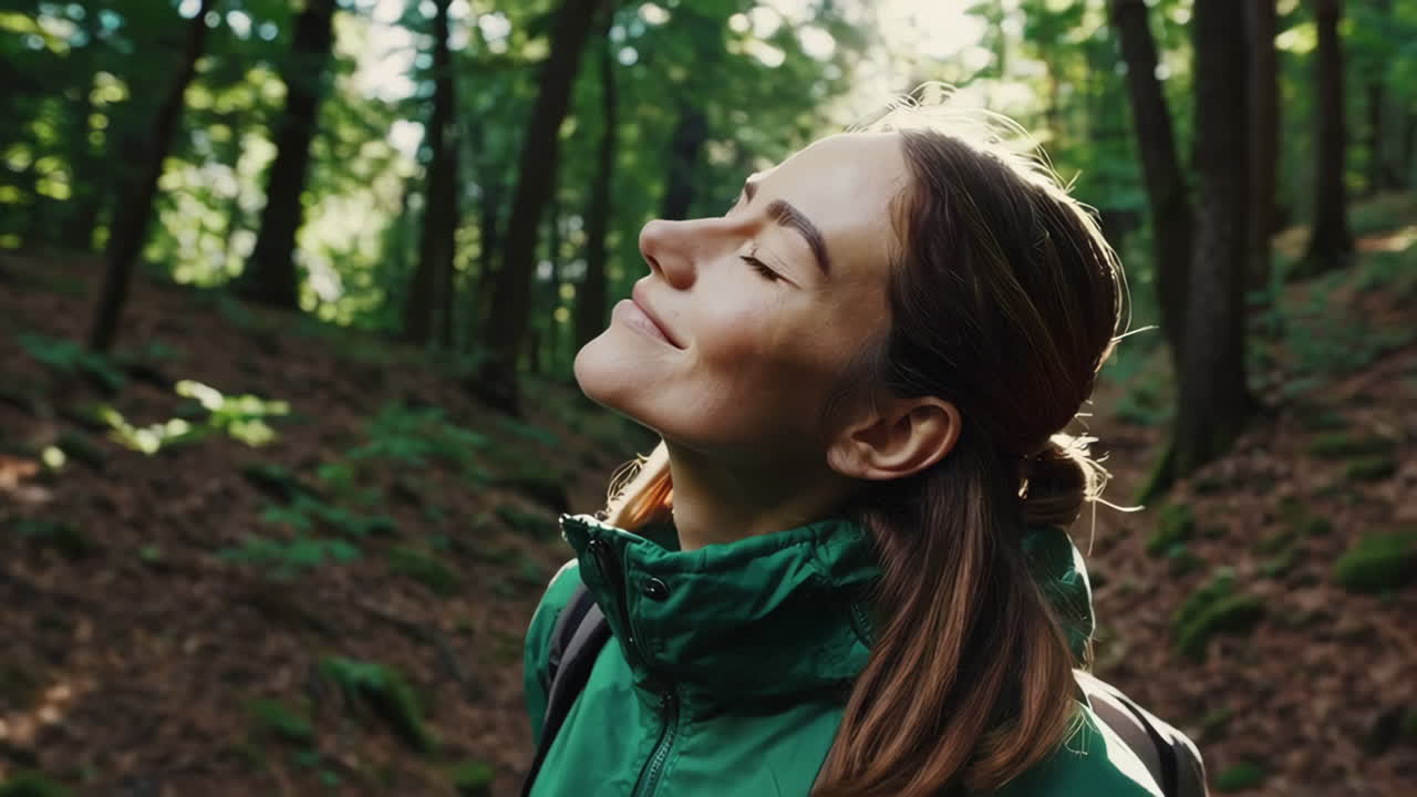 Woman hiking and enjoying the fresh air in a sunlit forest