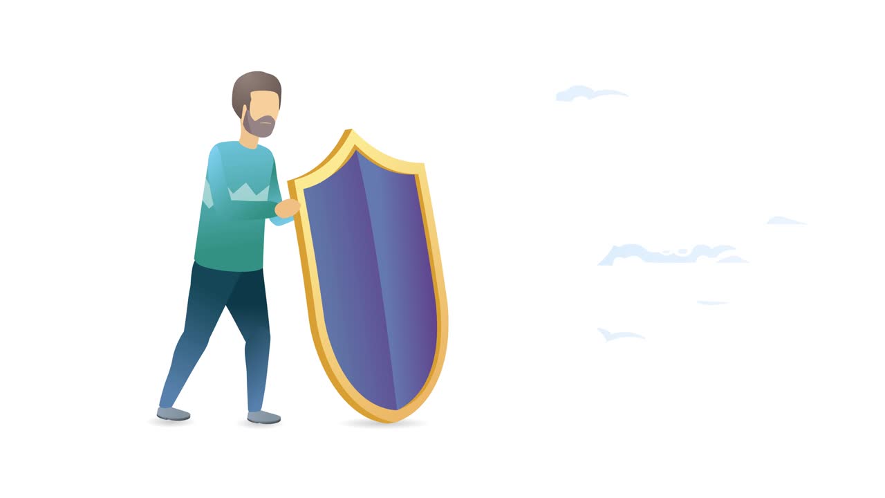 Young male character fighting the coronavirus with shield. Coronavirus attack. Cartoon loop 4k animation.