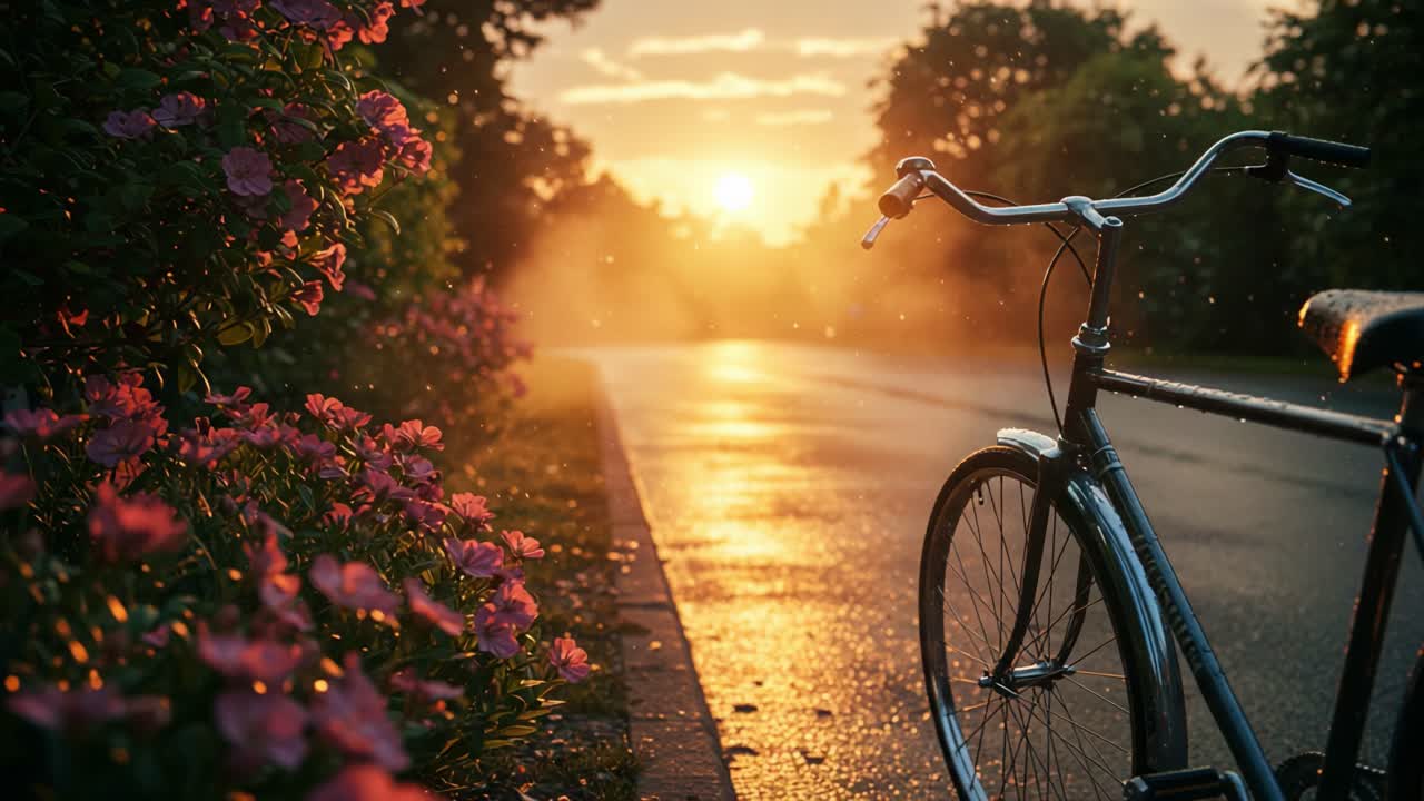 A Serene Sunrise Over a Wet Road with Bicycles and Vibrant Flowers – Capturing the Beauty of Morning Light and Nature's Calm Amidst New Beginnings