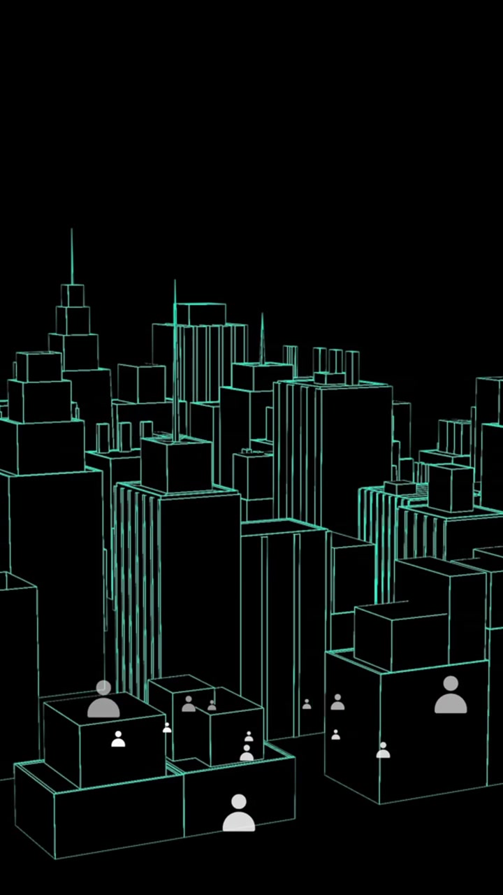 Animazione di più icone di persone su modello di città 3D