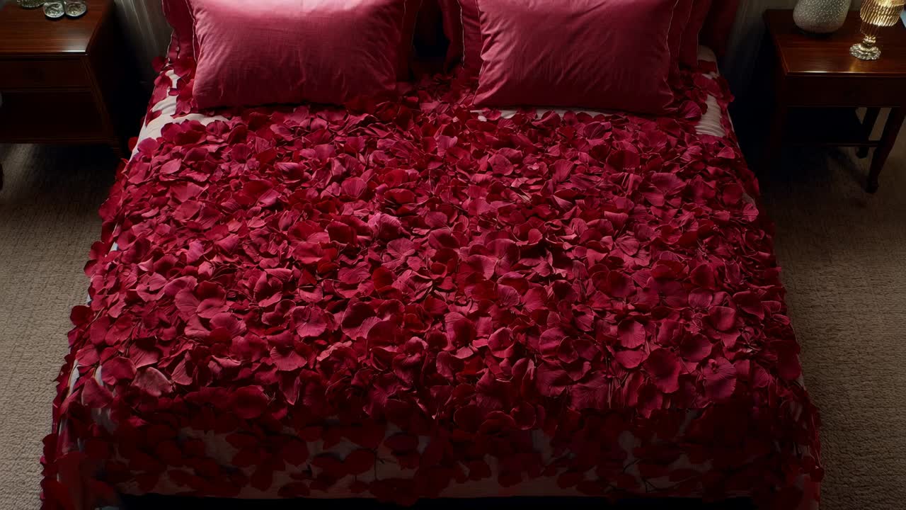 Zoom della camera che rivela un grande letto in camera da letto, da inquadratura ampia a stretta, mostrando un copriletto con petali rossi