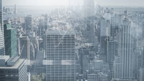 animation of red patten and data processing over cityscape