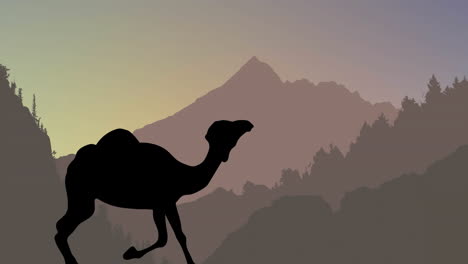 Animation-of-silhouette-of-camel-over-mountains-on-brown-background