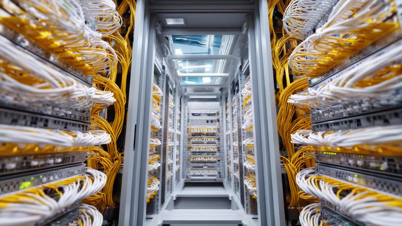An Intricate Network of Cables and Servers Inside a Data Center, Showcasing a Modern Computing Infrastructure with Organized Connectivity for Efficient Data Transmission