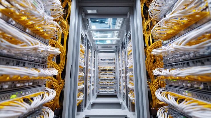 An Intricate Network of Cables and Servers Inside a Data Center, Showcasing a Modern Computing Infrastructure with Organized Connectivity for Efficient Data Transmission