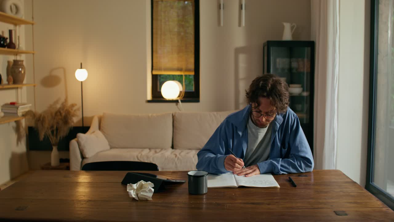 저녁에 집에서 일하는 남자