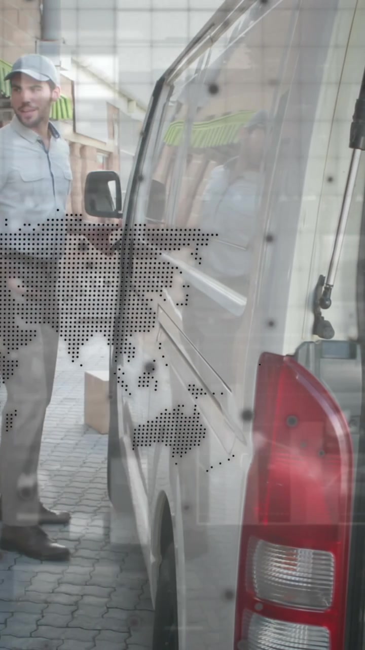 Animazione di una mappa del mondo su un corriere accanto a un'auto