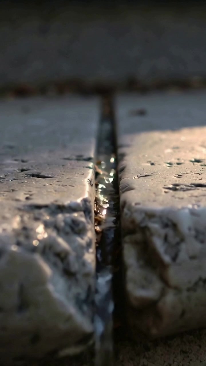 Video verticale: Una fessura che fa scorrere l'acqua lungo le piastrelle all'aperto, la gravità che trascina le gocce verso il bordo, detriti