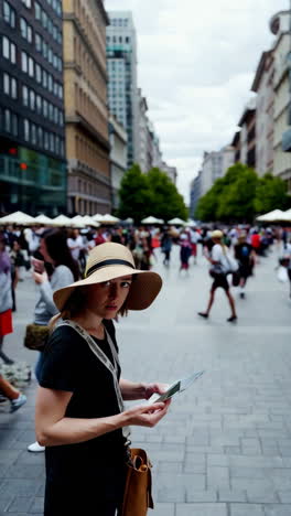 woman looking at map in a city