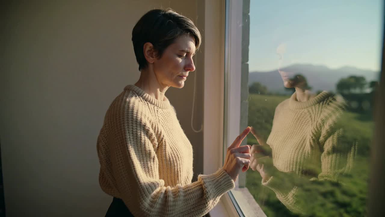 Vedendo il suo riflesso, una donna tocca la finestra con un maglione di lana, allineando il dito con i campi, con spazio per il testo.