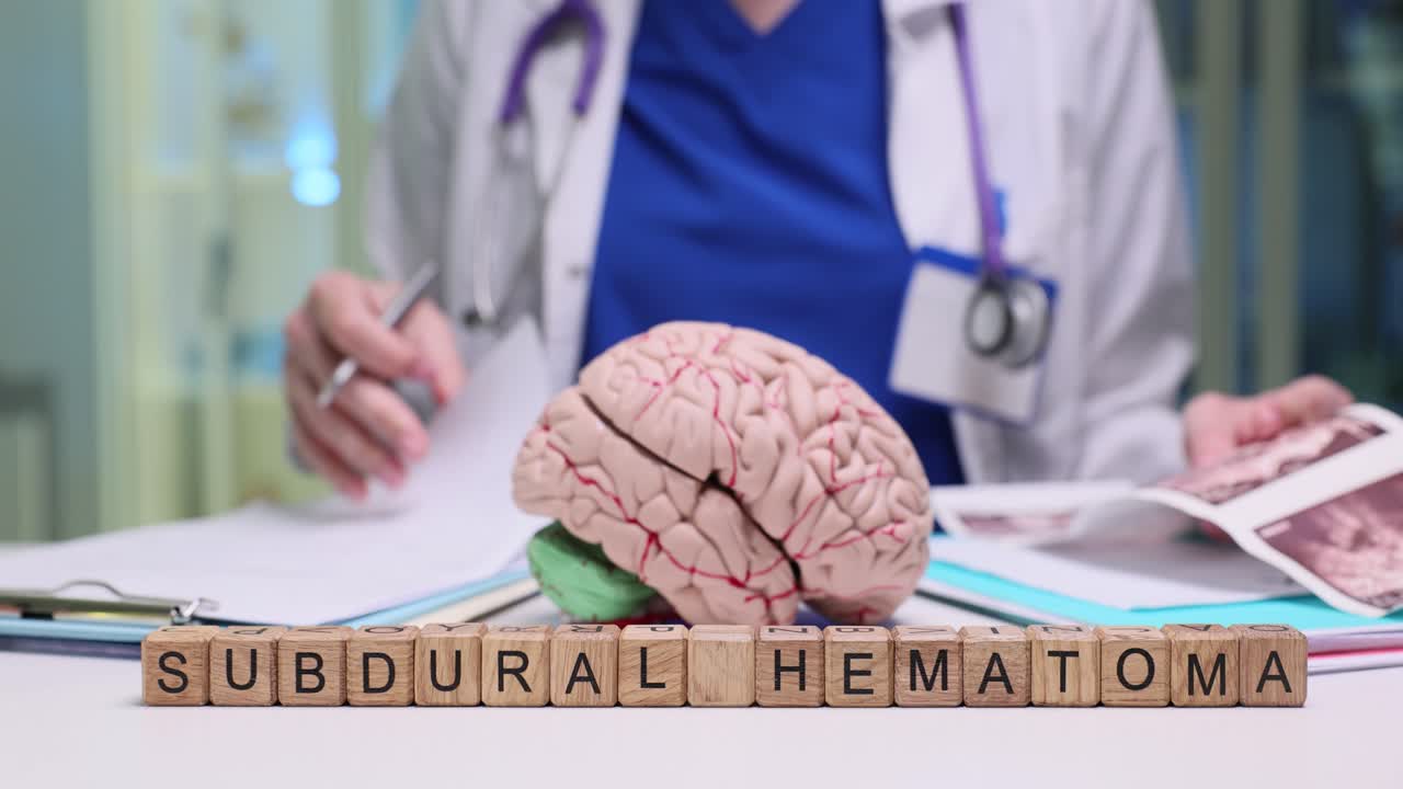 Médico Estudando Hematoma Subdural com Modelo de Cérebro e Documentos