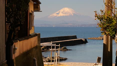 beautiful view out on mount fuji in small beachside town in japan