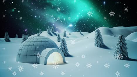 Animation-Von-Schnee,-Der-In-Einer-Nächtlichen-Winterlandschaft-Fällt,-Mit-Iglu,-Das-Durch-Das-Fenster-Gesehen-Wird