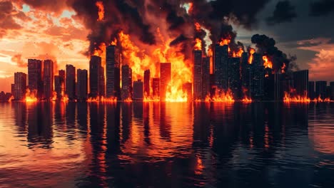 a city on fire in the middle of a body of water