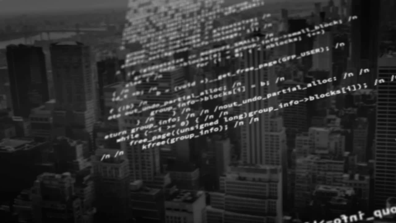 Animation of data processing over cityscape