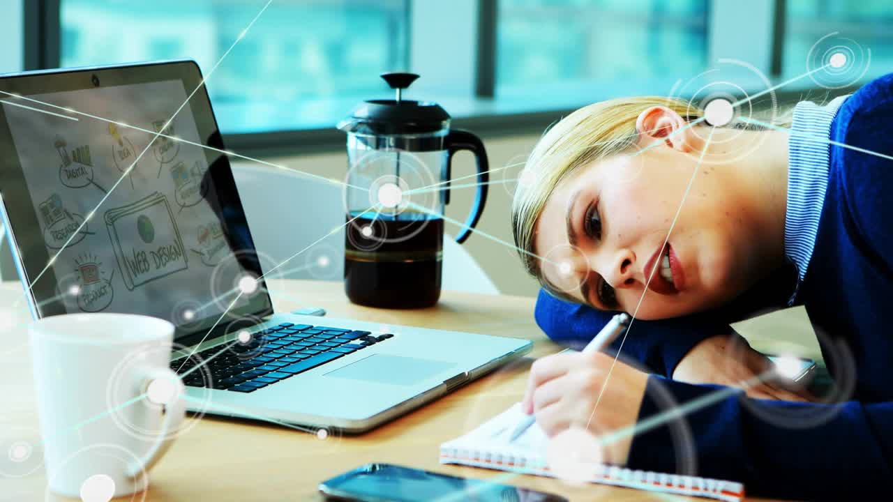 Woman noting glowing node near laptop sparking network linking mug shoulder mapping study ideas