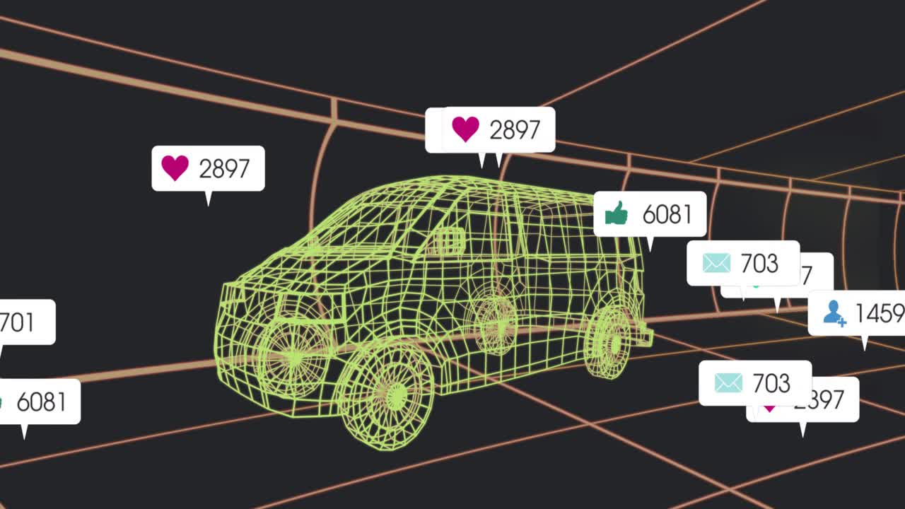 Data stream starting, alerts spawning around wireframe van, clustering and showing rising data load