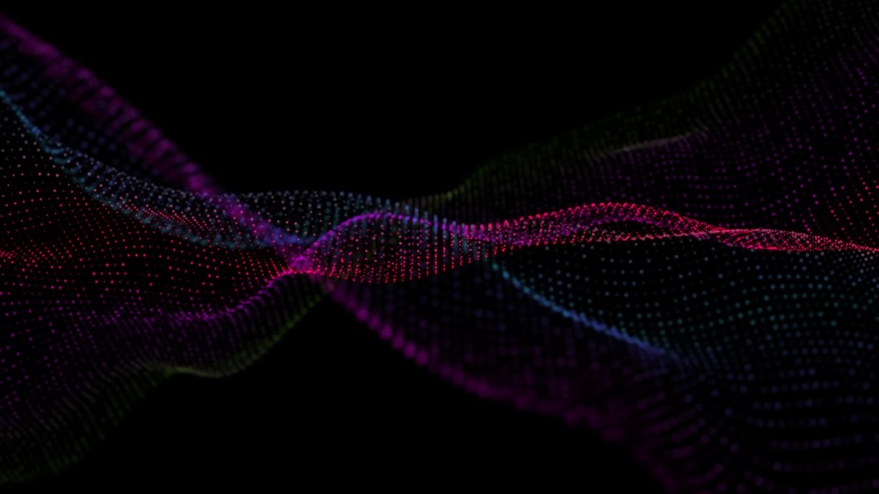 4K, Data movements of dust particles floating in infinity, Seamless Loop. Technology digital wave background concept.Beautiful motion waving dots texture with glowing defocused particles. Cyber or technology background. Multi Colored