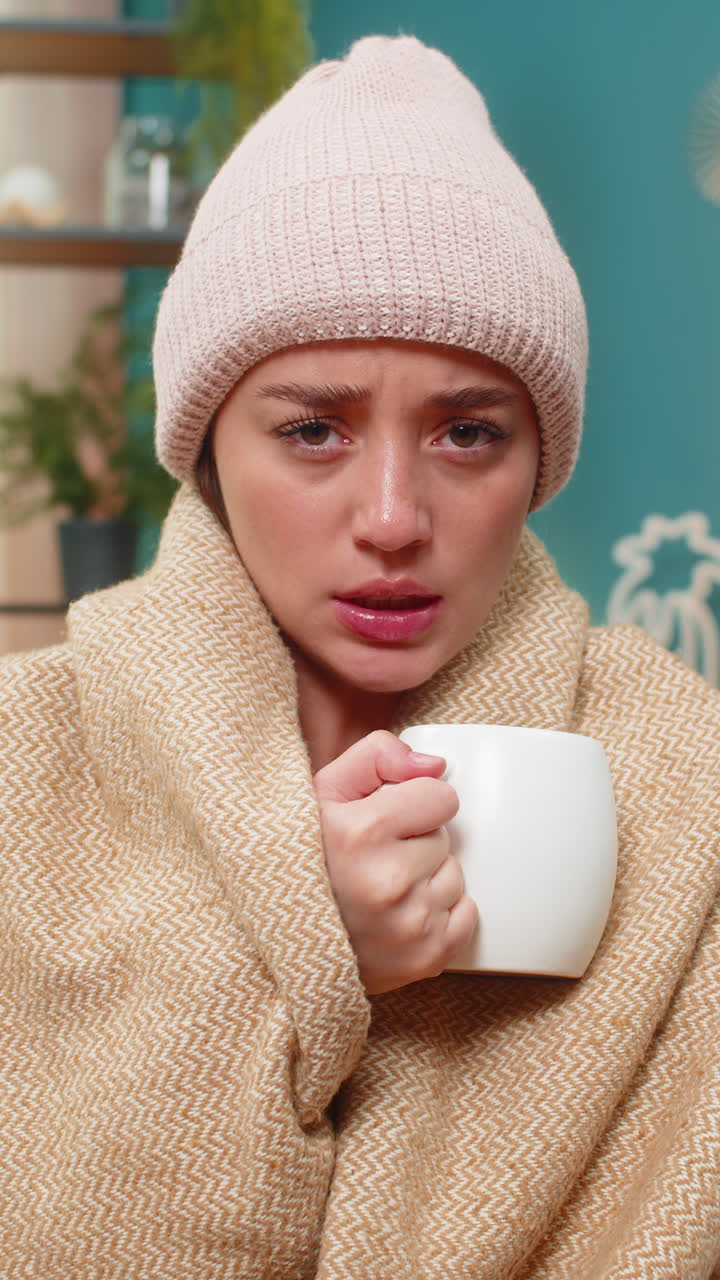 Young woman drinking hot tea in cozy blanket wearing hat feeling cold and sick resting on sofa today