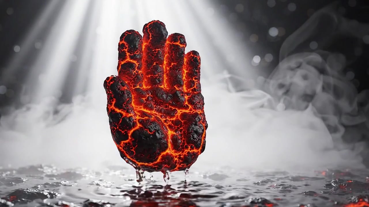 En slående flammende hånd dukker op fra en mystisk tåge, glødende med levende lava-lignende energi, hvilket symboliserer magt og transformation i et fængslende visuelt udtryk.