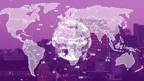 animation of world map and globe with connections over purple cityscape