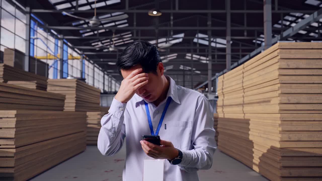 พนักงานชายชาวเอเชียที่ดูเป็นมืออาชีพยืนอยู่กับสมาร์ทโฟนของเขา คนงานกำลังตรวจสอบคลังไม้ เขาพยักหน้าด้วยความผิดหวัง