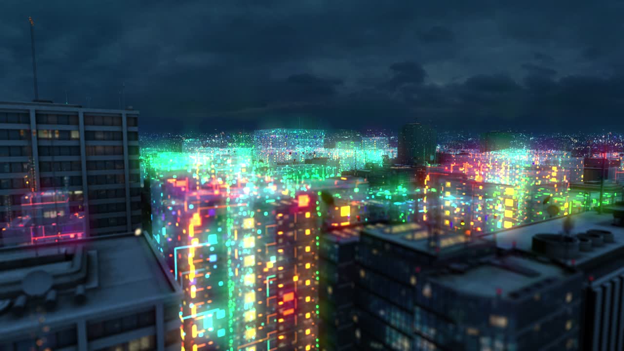 미래의 스마트 시티 사이버 공간 건물 풍경 애니메이션