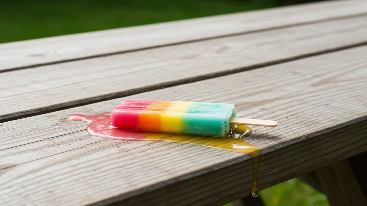 Vibrant Melted Popsicle on Wooden Table: A Captivating Display of Colorful Treats Dripping in the Sun, Evoking Nostalgia and Summer Fun