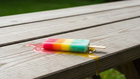 vibrant melted popsicle on wooden table: a captivating display of colorful treats dripping in the sun, evoking nostalgia and summer fun